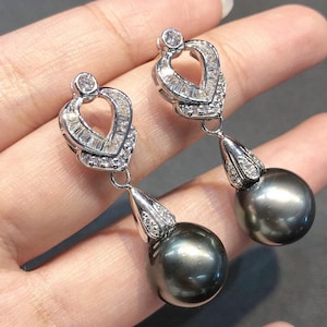 13mm TAHITIAN Black South Sea Pearls & Diamonds 18K Solid White Gold Earrings handmade bridal maid dangle drop party cocktail wedding bride