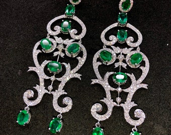 ENORMOUS! 22.40TCW Green Emeralds & Diamond in 18K solid WHITE gold earrings dangle drop vintage white gold chandelier zambia colombian huge