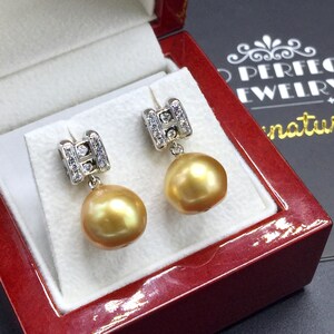 GOLDEN! South Sea 12mm Pearls & 0.18 Diamonds In 18K Solid white Gold Earrings handmade black white grey south sea wedding estate natural