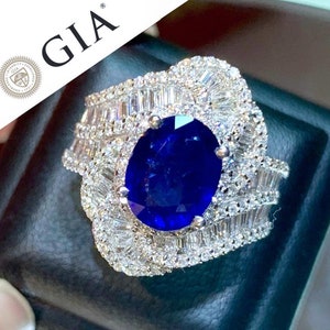 GIA! 5.73TCW Blue Sapphire Ceylon Diamonds 18K solid white gold ring engagement royal blue cornflower vivid vintage wedding natural genuine