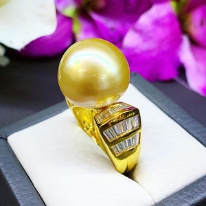 Cocktail 16mm SOUTH SEA Pearl 1.20 cts VS diamonds in 18K handmade solid yellow gold ring floral flower handmade huge golden yellow natural