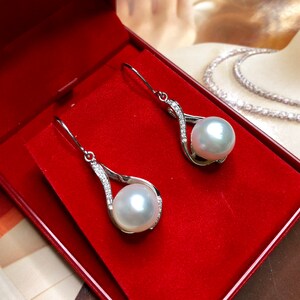 11mm Authentic White South Sea Pearls & Diamonds In 18K Solid White Gold Earrings handmade custom-made dangle drop party cocktail wedding