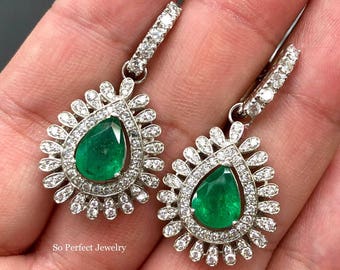 VIVID 6.46TCW Green Emeralds & Diamond in 18K solid WHITE gold handmade earrings dangle drop white gold chandelier unique zambia colombian