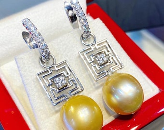 Unico! 14 mm Golden South Sea Pearl Diamond 18K Solid White Oro Orecchini cerchio 2-in-1 staccabile cultura autentica australia matrimonio da sposa