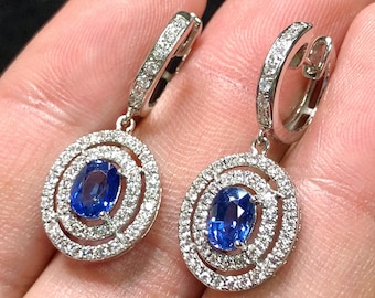 STUNNING 3.20TCW CEYLON Blue Sapphire & VS diamonds in 18K solid white gold handmade earrings natural dangle chandelier wedding cornflower