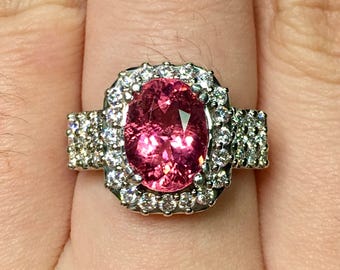 UNTREATED Rubellite Tourmaline & Diamonds in 18K solid handmade white gold ring pink clean natural certified unheated lady oval engagement