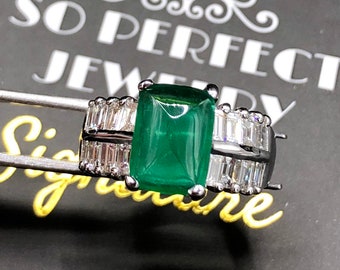 CHIC! 4.73TCW Emerald VS Diamonds 18K solid white gold ring engagement handmade cocktail zambian sugarloaf cabochon colombian unisex mens