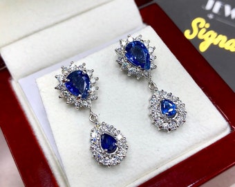 STUNNING 4.87TCW CEYLON Blue Sapphire & VS diamonds in 18K solid white gold handmade earrings natural dangle chandelier wedding cornflower