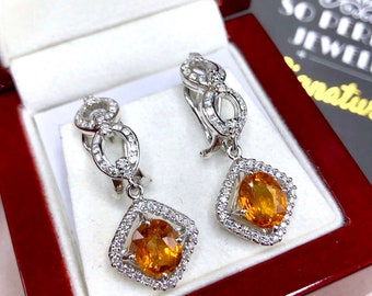 VIVID! 6.17TCW Yellow Sapphire & VS Diamonds in 18K solid handmade white gold earrings dangle drop orange thai ceylon Chandelier omega pair