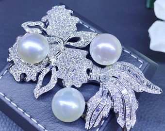 ENORMOUS South Sea Pearl VS Diamonds 18K solid white gold necklace pendant cocktail vintage art deco brooch flower unique modern natural