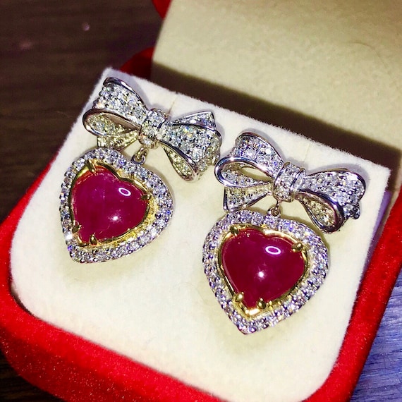 HEART! BURMESE RUBY Diamonds in 18K solid white gold earrings  studs certified natural burma pink red dangline drop chandelier