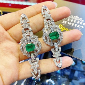 HUGE Art Deco! 10.80TCW Emerald VS Diamonds 18K solid white gold earrings studs natural zambian gift christmas vintage chandelier colombian