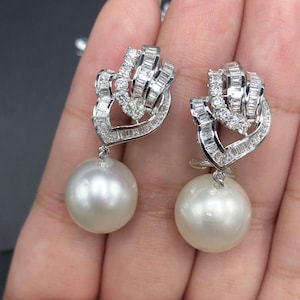 14mm LUSTROUS WHITE South Sea Pearls & Diamonds 18K Solid White Gold Earrings handmade bridal grey dangle drop party cocktail wedding bride