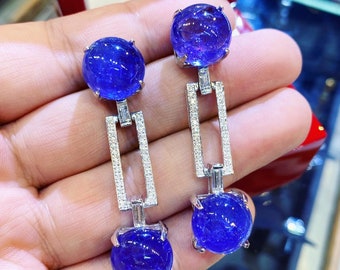 ENORMOUS 56.74TCW Tanzanite Cabochon Round Drop F/VS Diamonds 18K Solid white gold earrings dangling chandelier violet cocktail huge blue