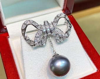 TAHITIAN Pearl Art Deco Diamonds 18K Solid white Gold 1920's vintage bow handmade brooch pendant pin south sea estate genuine natural ribbon