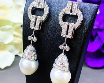 ART DECO White South Sea Pearls VS Diamond 18K Solid White Gold Earrings chandelier dangling modern natural cream big wedding bridal vintage