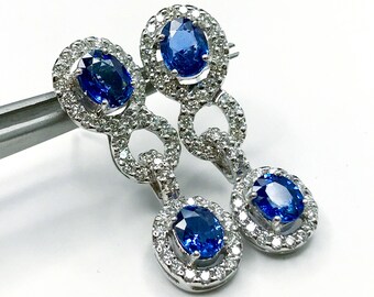 4.70TCW CEYLON Blue Sapphire & VVS diamonds in 18K solid white gold handmade earrings natural dangle chandelier wedding