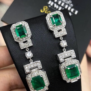 ART DECO! 11.65TCW Emerald VS Diamonds 18K solid white gold earrings studs natural zambian gift christmas vintage chandelier colombian