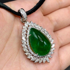 ENORMOUS 22.18TCW Emerald Necklace Cabochon Zambian Natural VS Diamond in 18K solid white gold necklace pendant luxury high jewelry pear