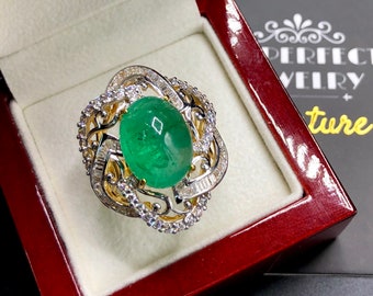 HUGE 13.89TCW Emerald VS Diamonds in 18k solid yellow gold ring engagement wedding colombian zambian modern natural vintage estate cabochon