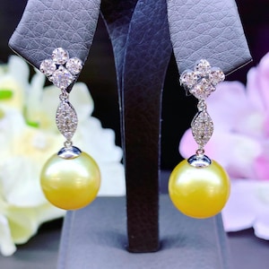GOLDEN! South Sea 13.5 mm Pearls & Diamonds 18K Solid white Gold Earrings handmade yellow wedding estate natural dangling cultured Art Deco