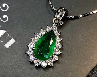 TOP-GREEN 2.95TCW Emerald & Diamonds 18K solid white gold handmade pendant necklace micropave zambian colombia jewelry gift pear christmas