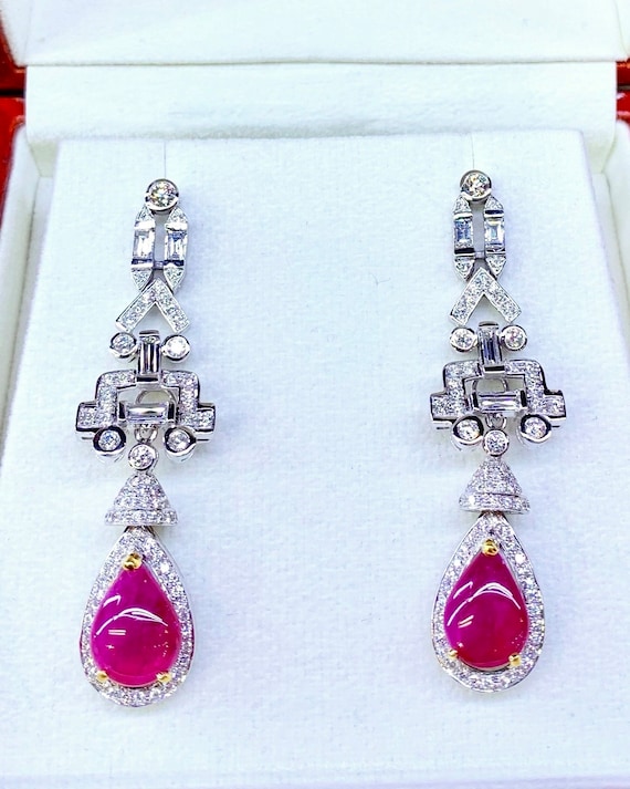 ピアス Ruby ART DECO 9.31TCW Vivid Red Ruby & Diamonds in 18K Solid