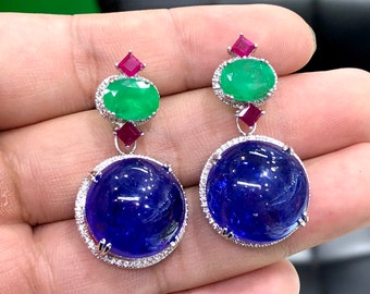 ENORMOUS 42.90TCW Tanzanite Colombian Emerald F/VS Diamonds 18K Solid white gold earrings dangling chandelier studs ruby cocktail functional