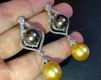 Authentic Golden South Sea Pearls VVS Diamonds In 18K Solid White Gold Earrings dangle drop modern  natural golden black chandelier tahiti