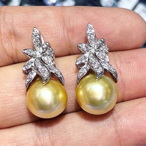 13mm Authentic Golden South Sea Pearls & Diamonds In 18K Solid White Gold Earrings handmade custom-made dangle drop party cocktail wedding