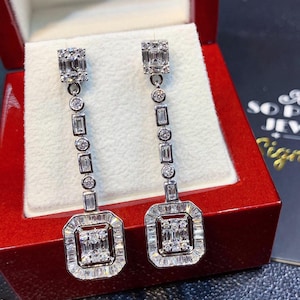 2.82TCW Emerald Cut Diamond Illusion Natural 18K solid white gold handmade earrings dangling wedding gift retacgular invisible chandelier