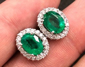 VIVID 3.53TCW Emerald VS Diamonds in 18K solid white gold earrings studs natural certified zambian Colombian halo wedding huge modern oval