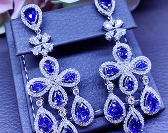 17.55TCW CEYLON Blue Sapphire & VS diamonds in 18K solid white gold handmade earrings natural dangle chandelier wedding