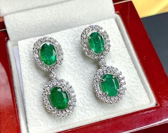 VIVID! 6.78TCW Green Emerald Diamond 18K solid WHITE gold handmade earrings dangle drop white gold chandelier unique zambia colombian oval