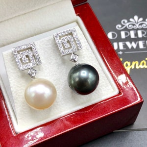12mm TAHITIAN Black South Sea Pearls & Diamonds 18K Solid White Gold Earrings handmade bridal maid dangle drop party cocktail wedding bride