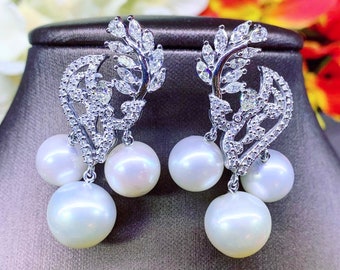 CHANDELIER! White South Sea Pearls VVS Diamonds In 18K Solid White Gold Earrings handmade dangle drop modern authentic natural golden fancy
