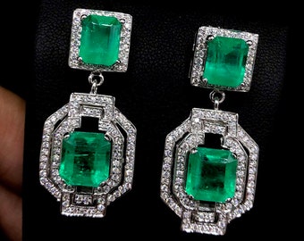 Colombian 11.46TCW Green Emeralds & Diamond in 18K solid WHITE gold handmade earrings dangle drop vintage white gold chandelier unique huge