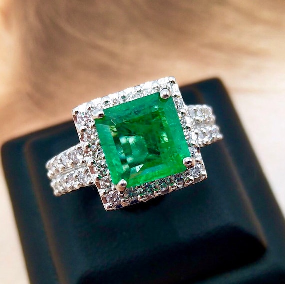 Natural 3.61TCW EMERALD & Diamonds in 18K Solid White Gold - Etsy