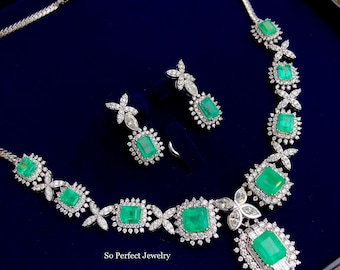 COLOMBIAN 35.40TCW Emerald Necklace huge set Natural VS Diamond 18K solid white gold earrings chain pendant luxury high jewelry rectangular
