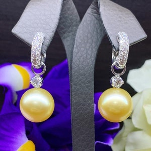 GORGEOUS! 13.5mm Golden South Sea Pearls & Diamonds In 18K Solid White Gold Earrings handmade custom-made dangle drop party cocktail wedding