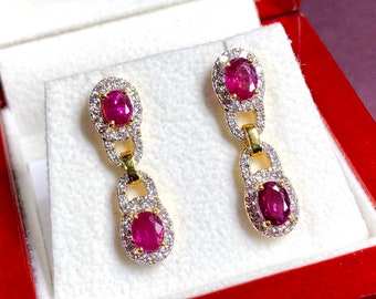 DANGLING 3.05TCW Blood Red Ruby & Diamonds in 18K solid yellow gold chandelier earrings vintage designer natural art deco burma burmese