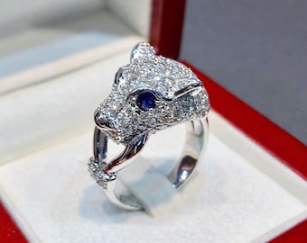 SPARKLING 2.68TCW Genuine VS Diamond 18K solid white gold ring panther tiger animal blue sapphire branded luxury authentic natural