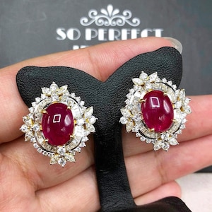 ENORMI orecchini a bottone in oro bianco massiccio 18 carati con rubino birmano da 9,54 carati e diamanti, certificati naturali, solo calore, cabochon rosa rosso, cocktail grande