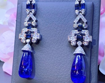 HUGE 37.75TCW Tanzanite Cabochon Drop Art Deco Ceylon Blue Sapphire F/VS Diamonds 18K Solid white gold earrings dangling chandelier natural