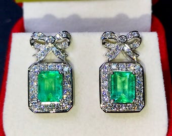 Colombian 4.36TCW Green Emeralds & Diamond in 18K solid WHITE gold handmade earrings dangle drop vintage white gold chandelier unique zambia