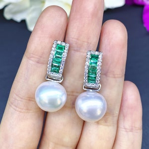 GORGEOUS 13 mm LUSTROUS WHITE South Sea Pearls & Diamonds 18K Solid White Gold Earrings bridal dangle drop party cocktail wedding bride