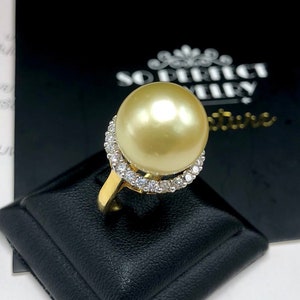 GOLDEN 14mm SOUTH SEA Pearl & 0.65 ct diamonds in 18K handmade solid white gold ring one of a kind engagement huge cocktail white natural