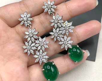 HUGE 16.62TCW Emerald VS Diamonds 18k solid white gold earrings gemstone zambian colombian chandelier dangle natural cabochon marquise long