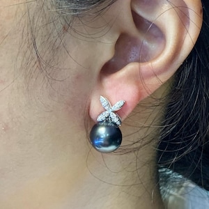 12mm TAHITIAN Black South Sea Pearls & Diamonds 18K Solid White Gold Earrings handmade bridal maid dangle drop party cocktail wedding bride