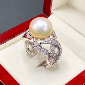 COCKTAIL SOUTH SEA Pearl & 1.17 cts diamonds in 18K handmade solid white gold ring one of a kind handcrafted huge white golden
